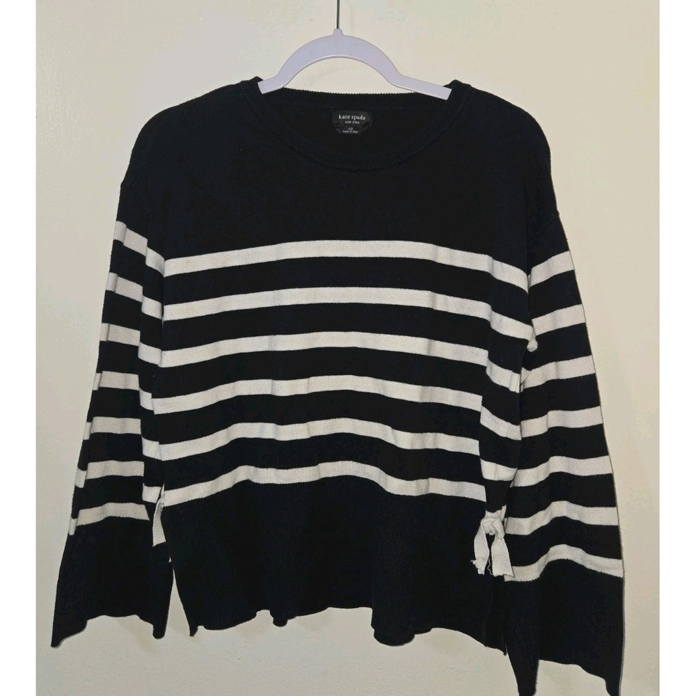 Kate Spade New York Striped Tie Sleeve Sweater‎ Black White Small Petite